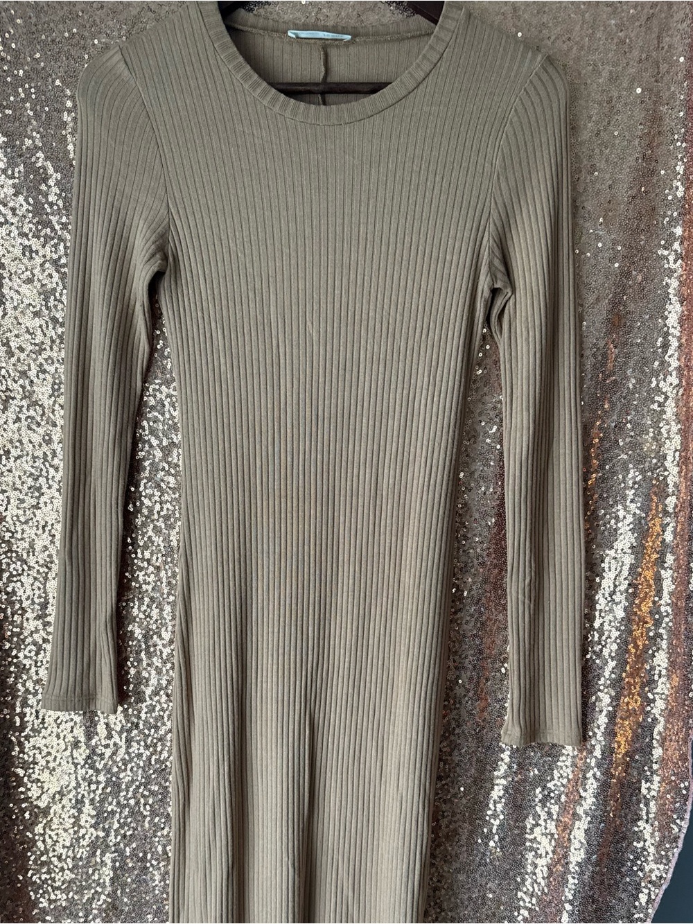 Reformation Ribbed Long Sleeve Dress — tan